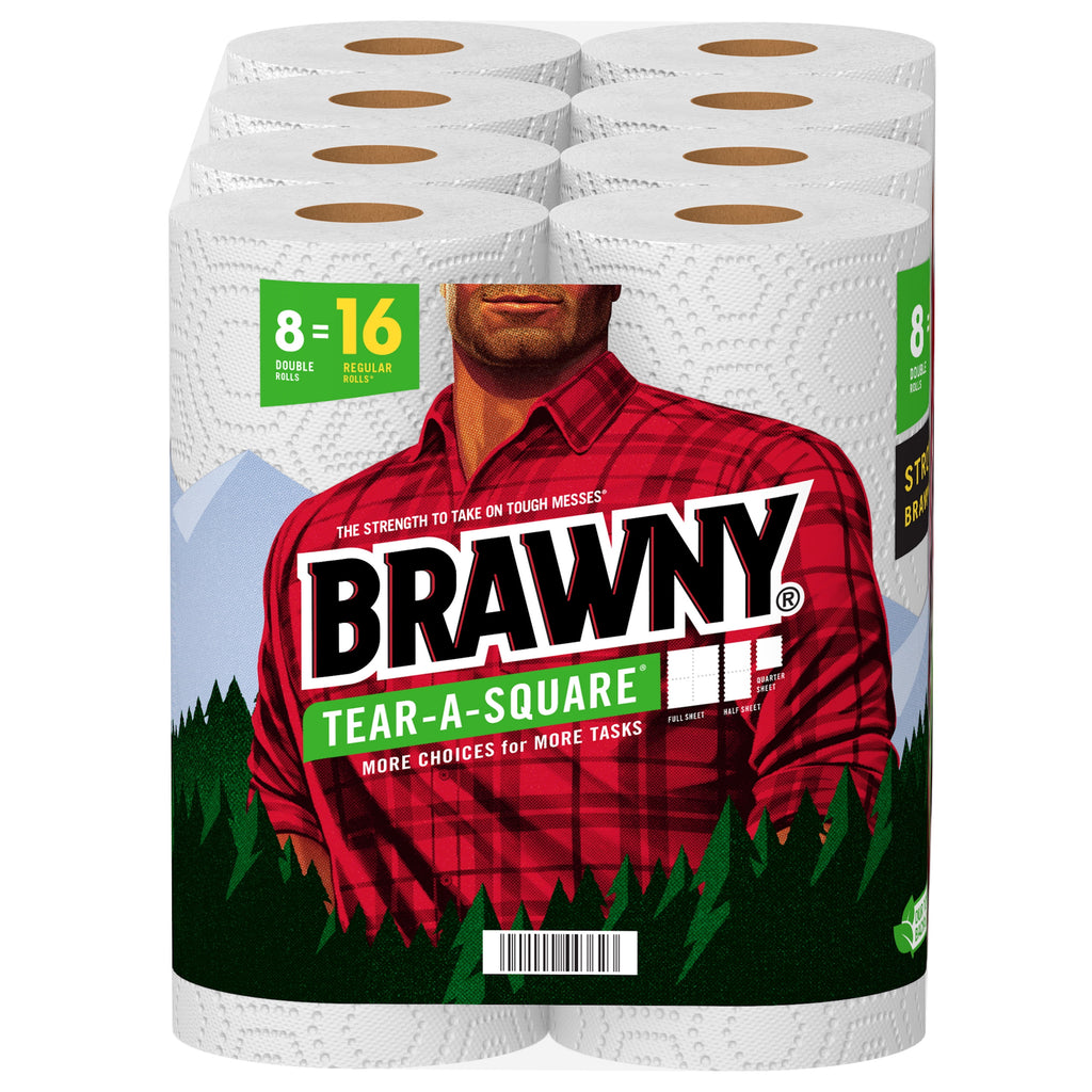 Brawny Tear-a-Square Paper Towels, White, 3 Sheet Sizes, 8 Double Rolls