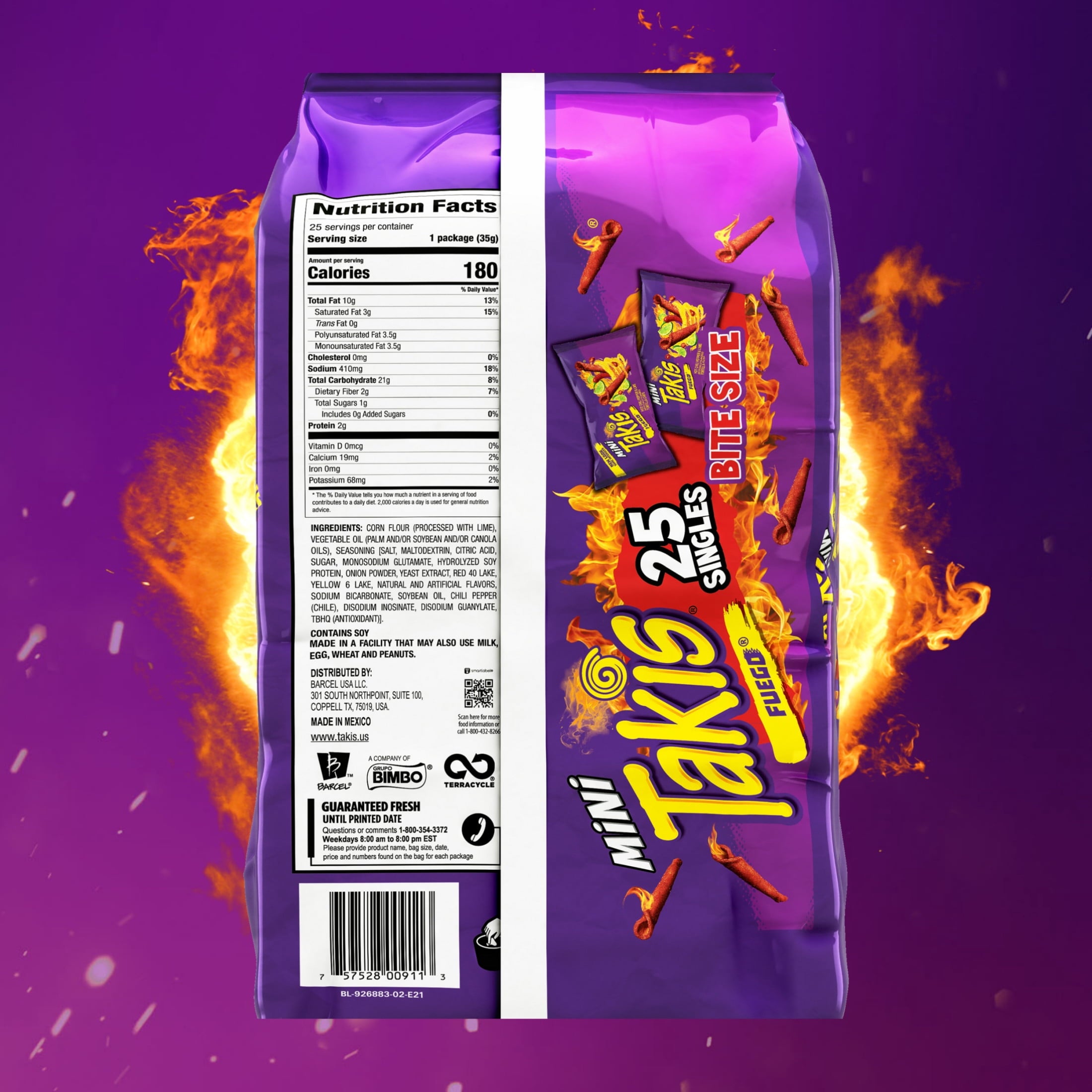 Takis Fuego Mini 25 pc / 1.23 oz Bite Size Multipack, Hot Chili Pepper & Lime Rolled Tortilla Chips