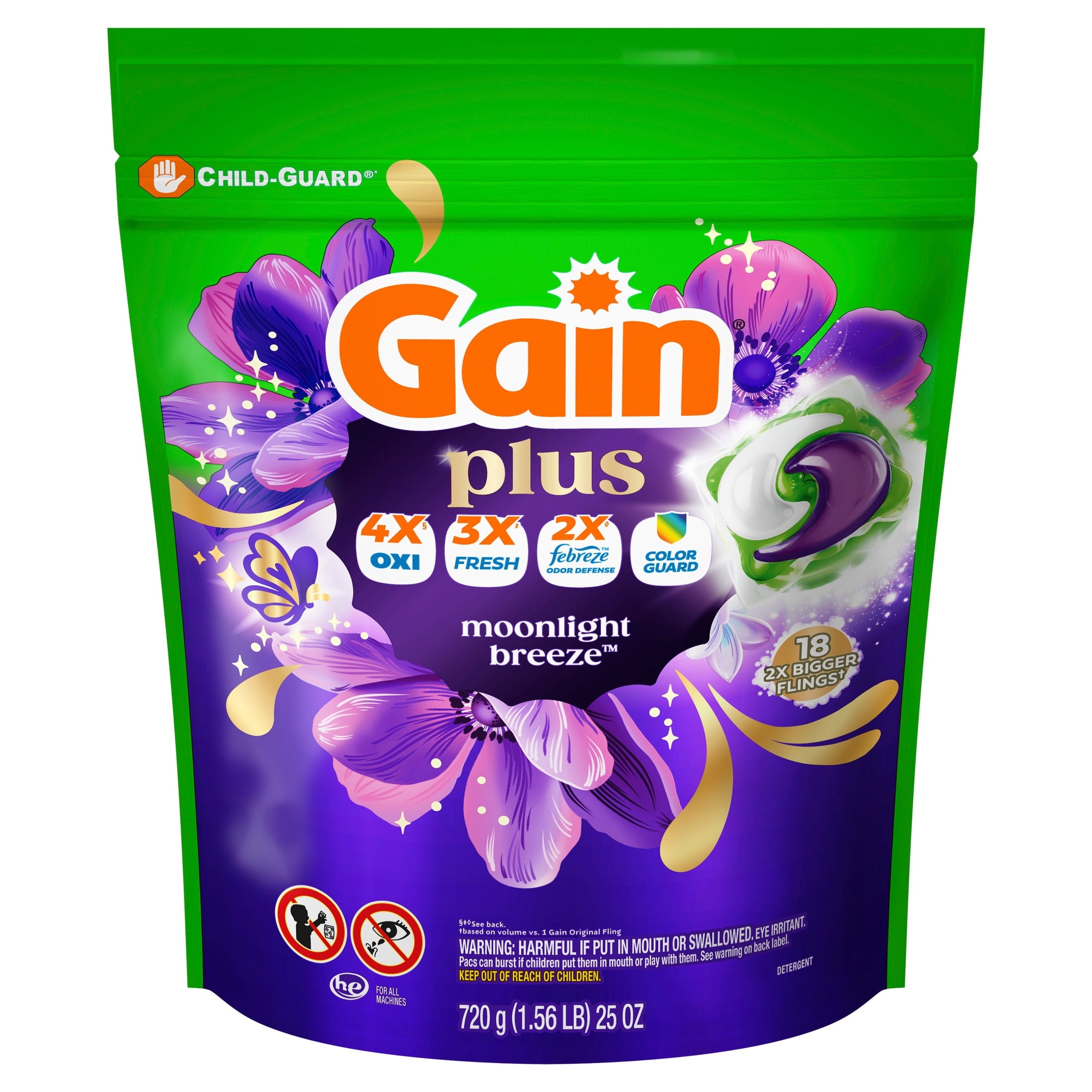 Gain Plus Flings Laundry Detergent Liquid Washing Pacs, Gain's Best All-In-One Clean, Moonlight Breeze Scent, 18 Count