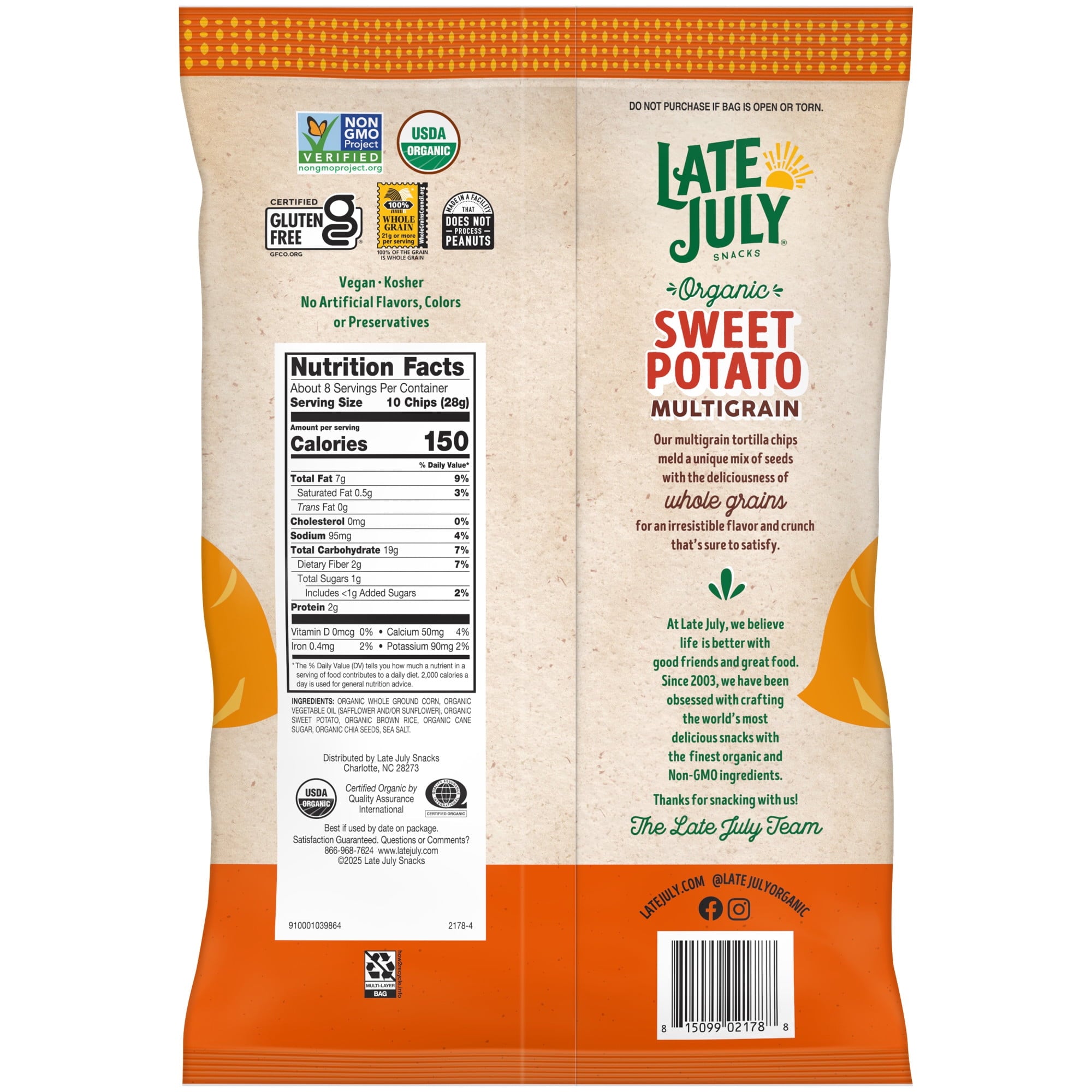 Late July Sweet Potato Multigrain Organic Tortilla Chips, 7.5 oz Bag