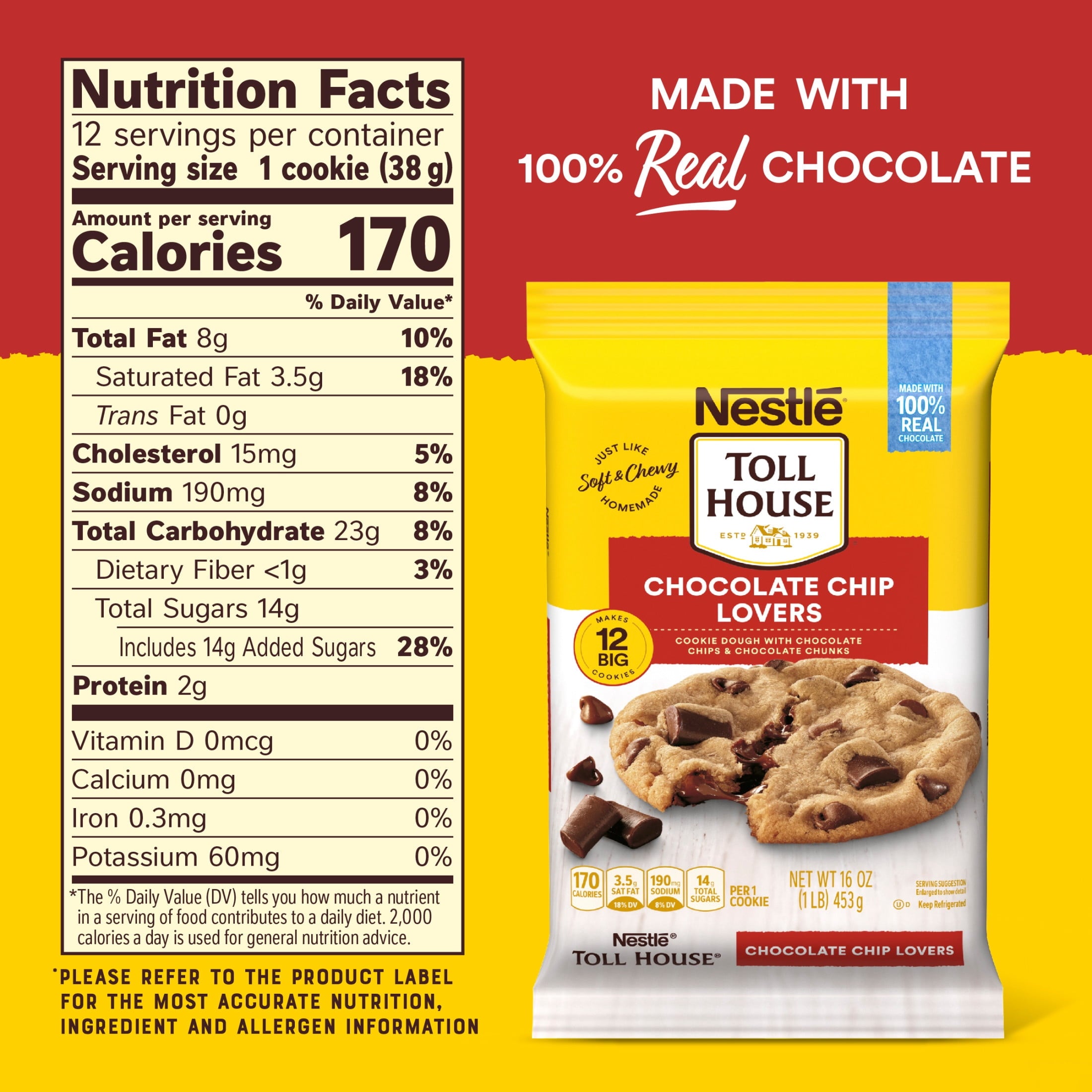 Nestle Toll House Chocolate Chip Lovers Cookie Dough, Makes 12 Cookies, 16 oz