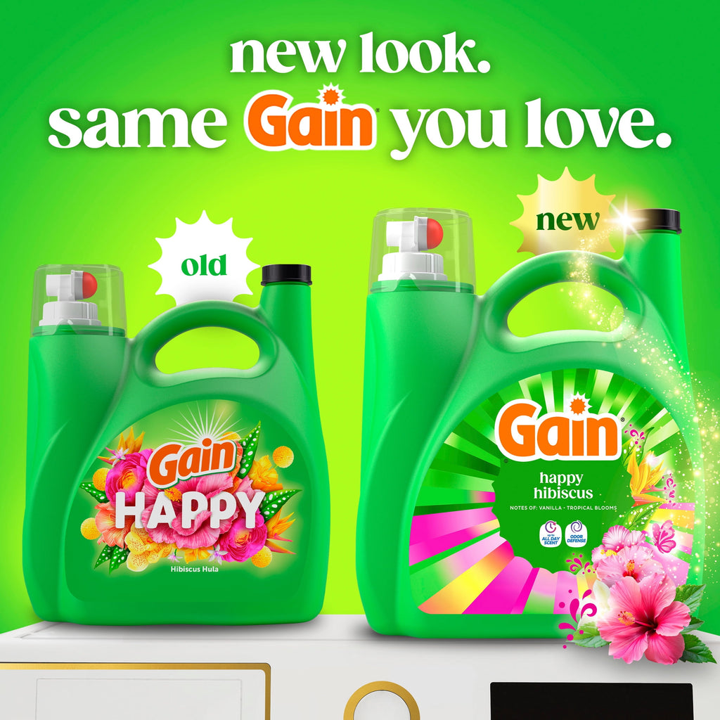 Gain Laundry Detergent Liquid, Now with Odor Defense, Happy Hibiscus Scent, 132 fl oz, 100 Loads