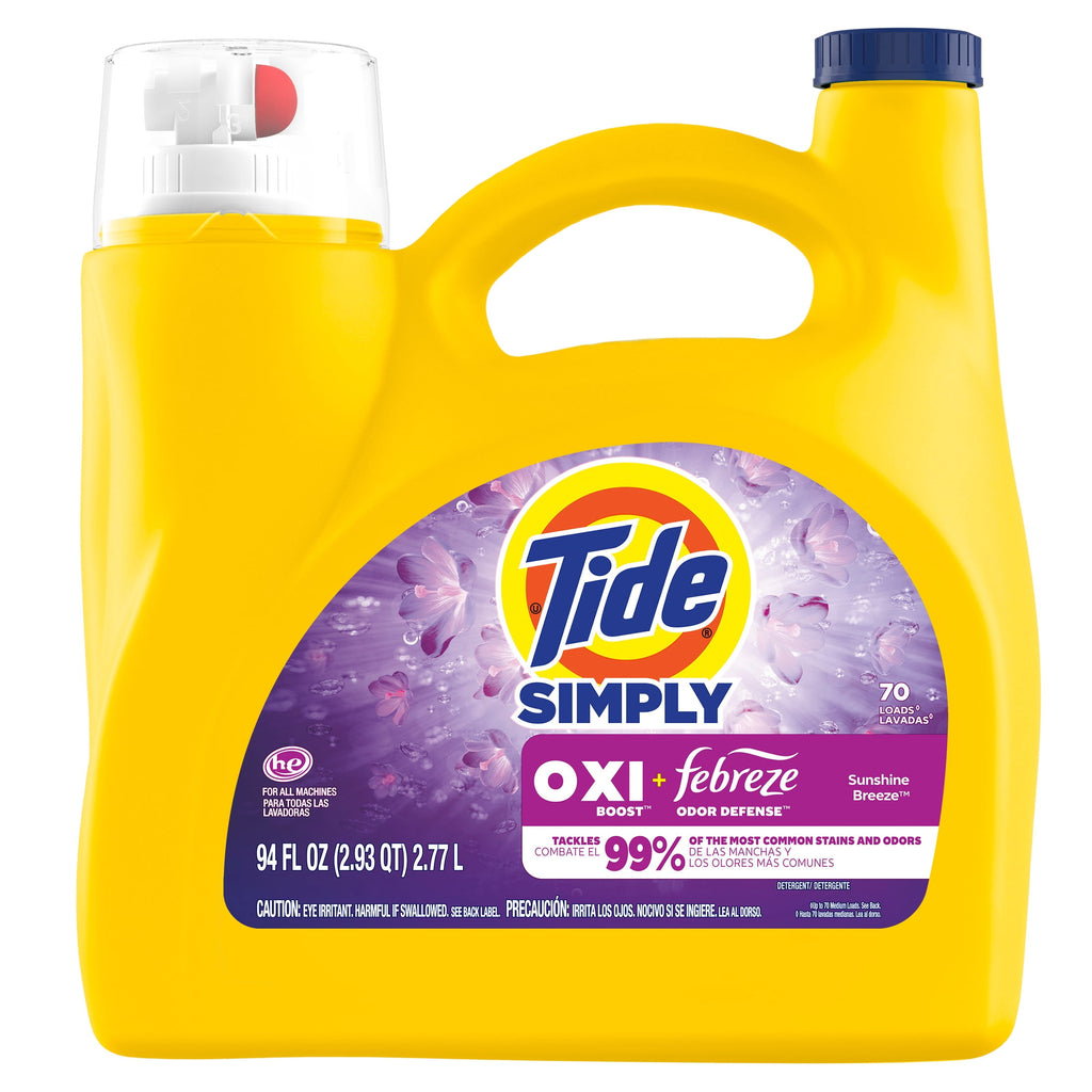 Tide Simply Laundry Detergent Liquid, Oxi Boost + Febreze Odor Defense, Sunny Breeze Scent, 94 fl oz, 70 Loads