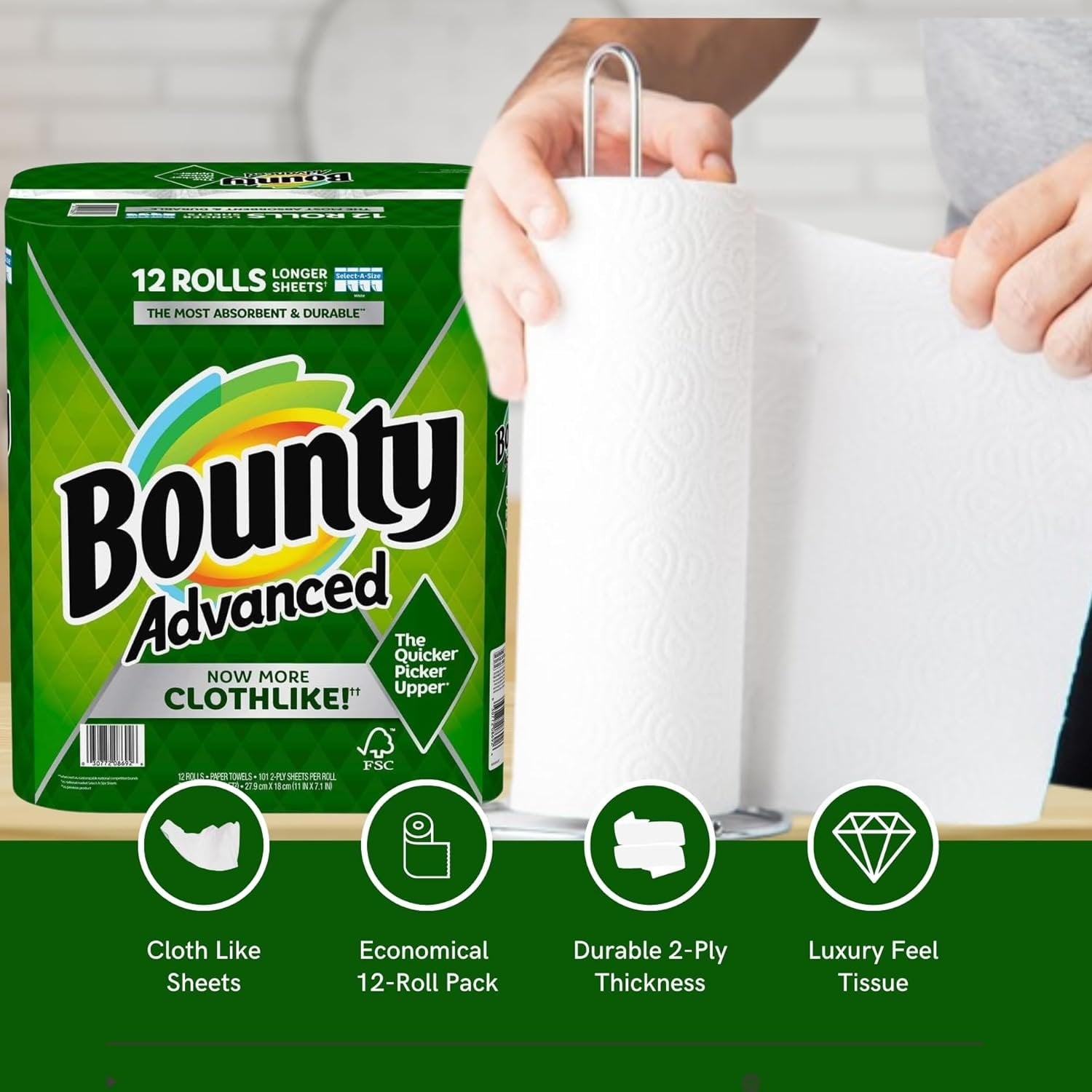 Bounty Advanced 2-Ply Paper Towel - Absorbent, Durable, and Clothlike - Select-A-Size - 3 Rolls
