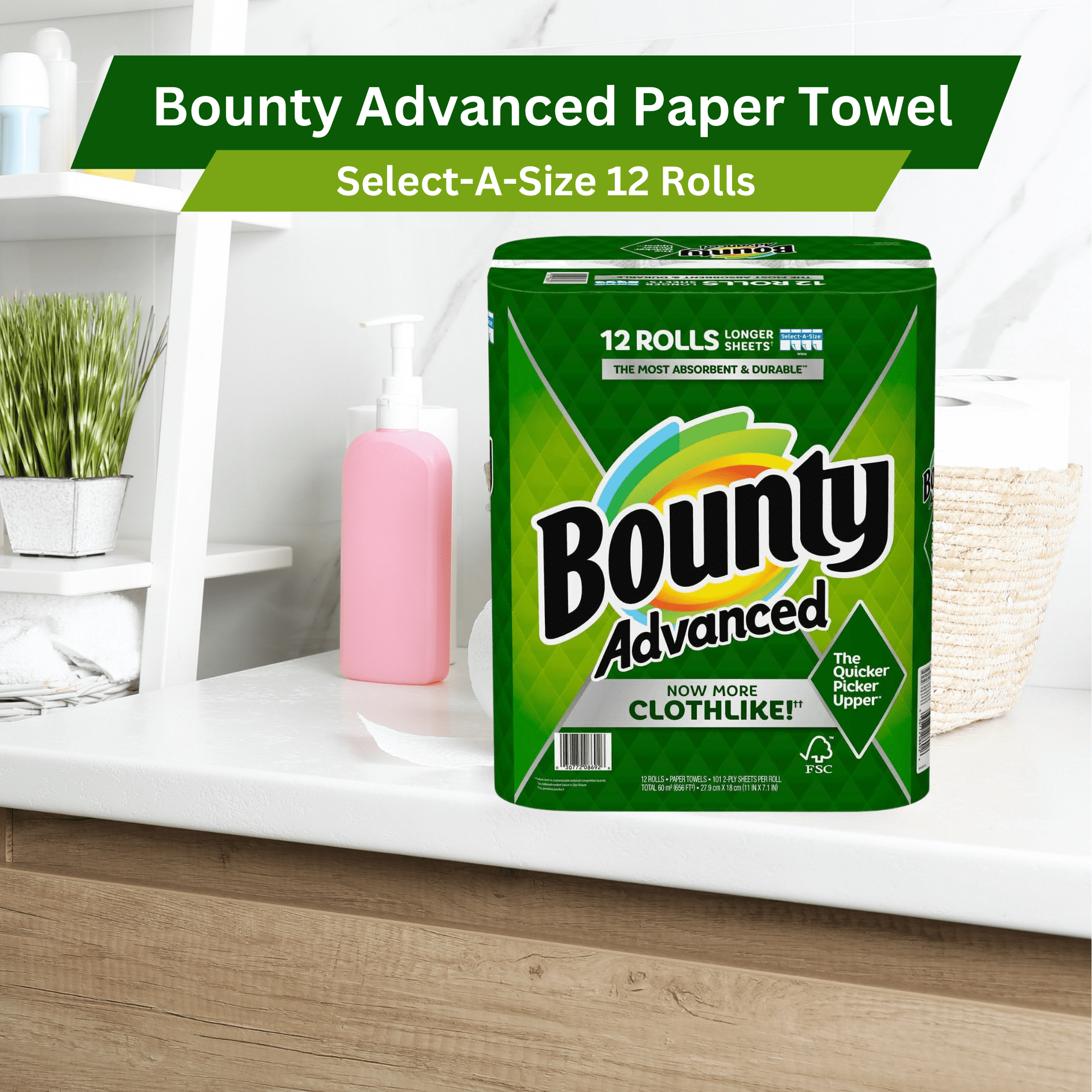 Bounty Advanced 2-Ply Paper Towels White 101 Select-A-Size Sheets 12 Count