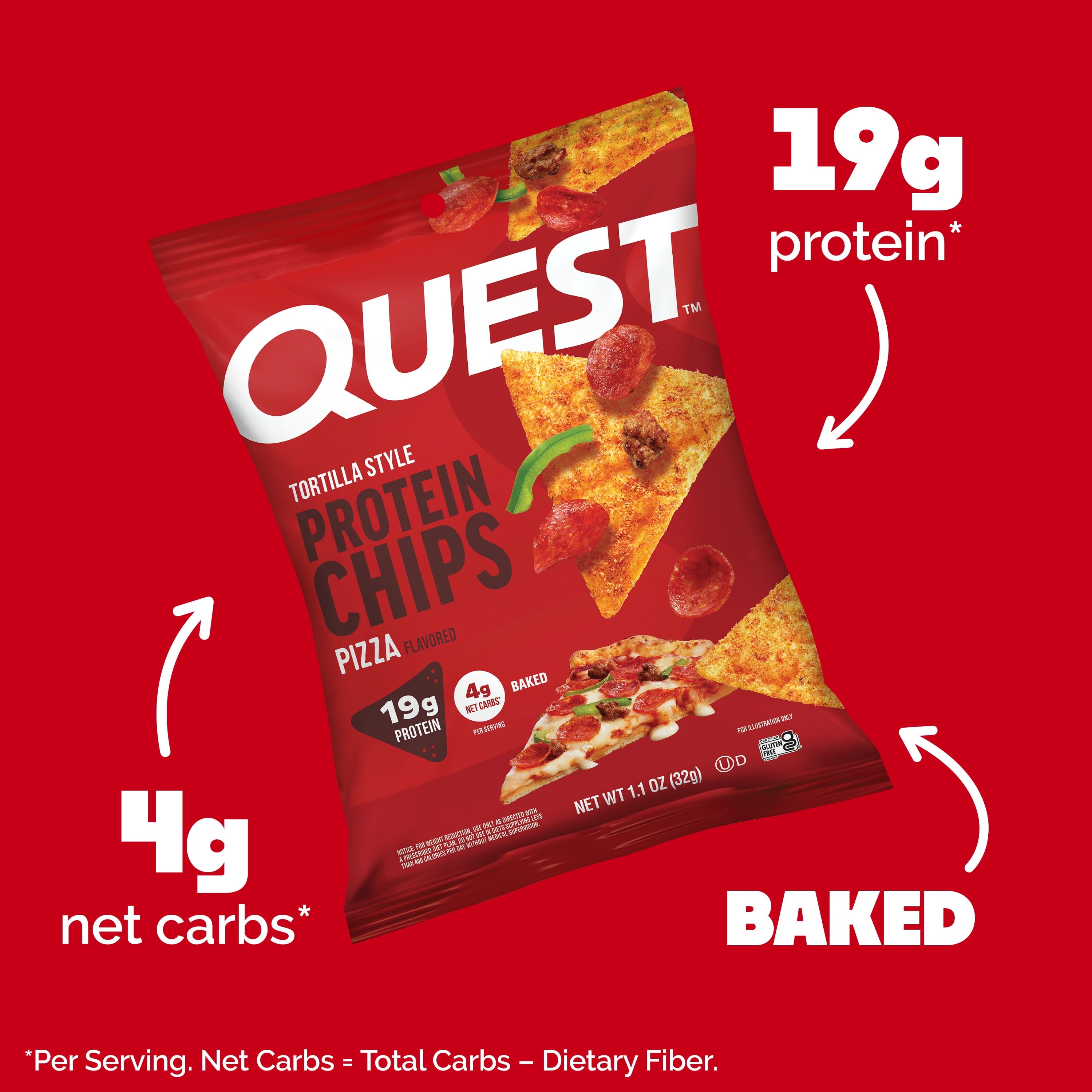 Quest Tortilla Style Protein Chips, 19g Protein, Baked, Pizza Flavor, 1.1oz Bags, 4 Count