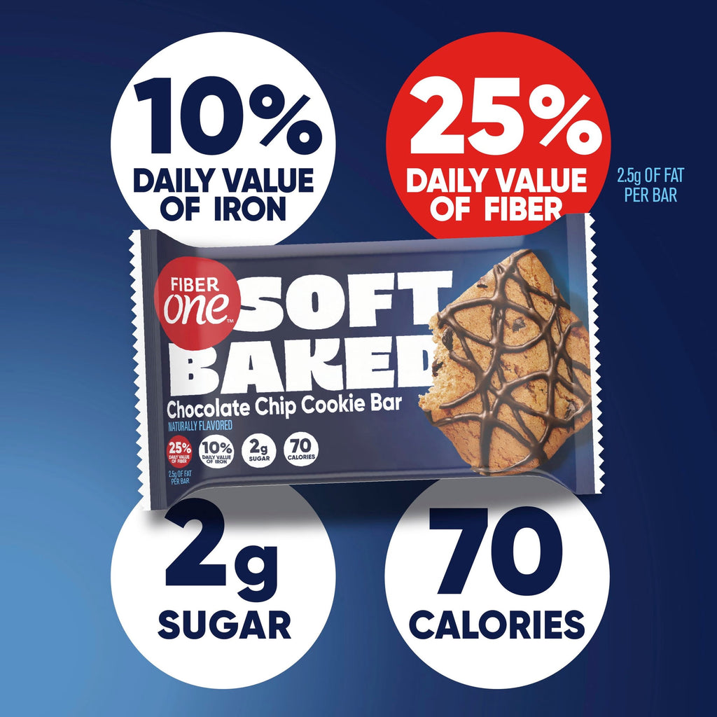 Fiber One Soft Baked Chocolate Chip Cookie Bars, Fiber Snacks, Value Pack, 12 Ct, 10.6 oz