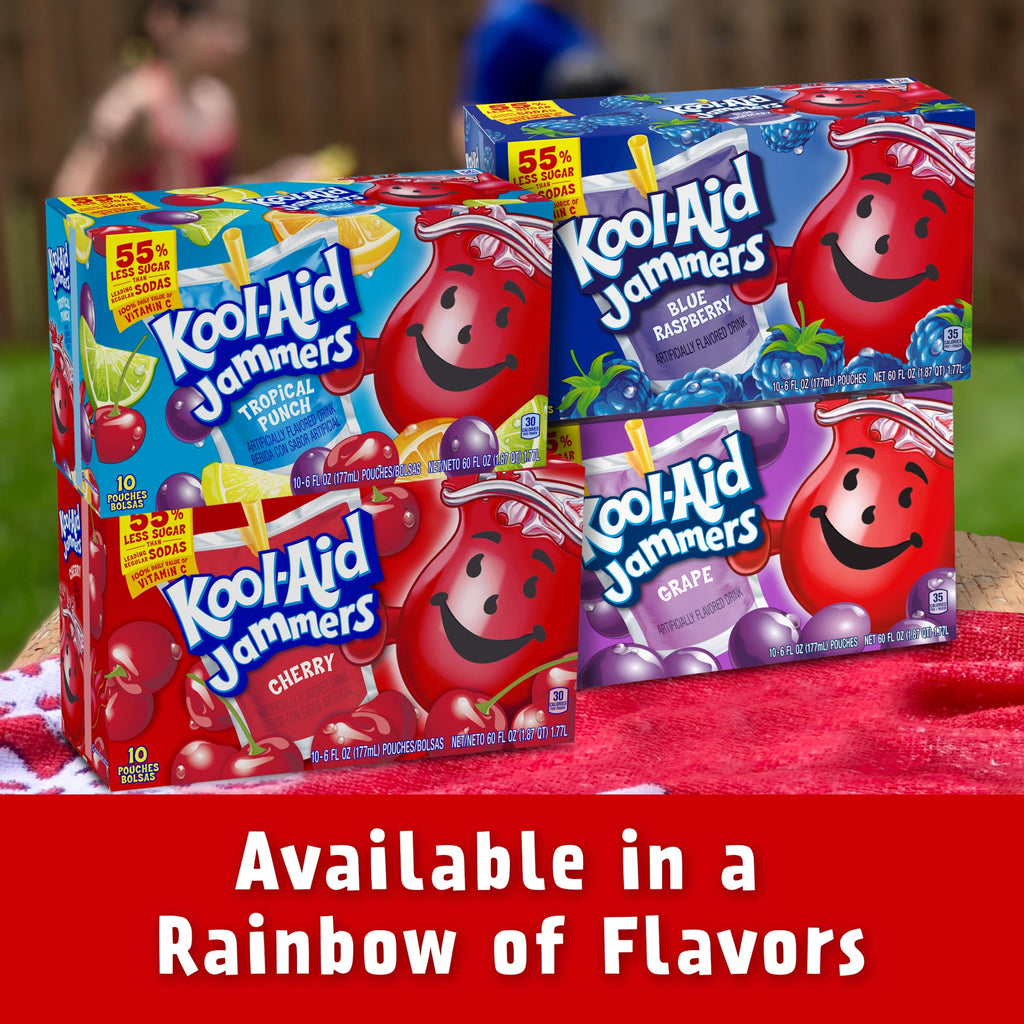 Kool-Aid Jammers Artificially Flavored Drink, 10 Pouches, for School Lunches and On-the-Go Hydration, Cherry Flavor, Excellent Source of Vitamin C, 6 fl oz