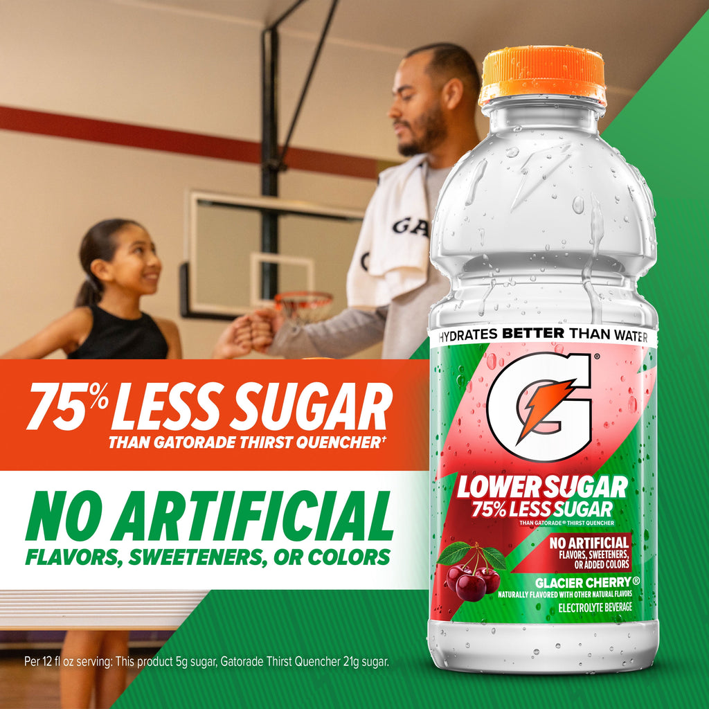 Gatorade Lower Sugar, No Artificials Fruit Punch Flavored Electrolyte Sports Drink, 12 fl oz Bottle, (12 pack), 75% Less Sugar, Hydration