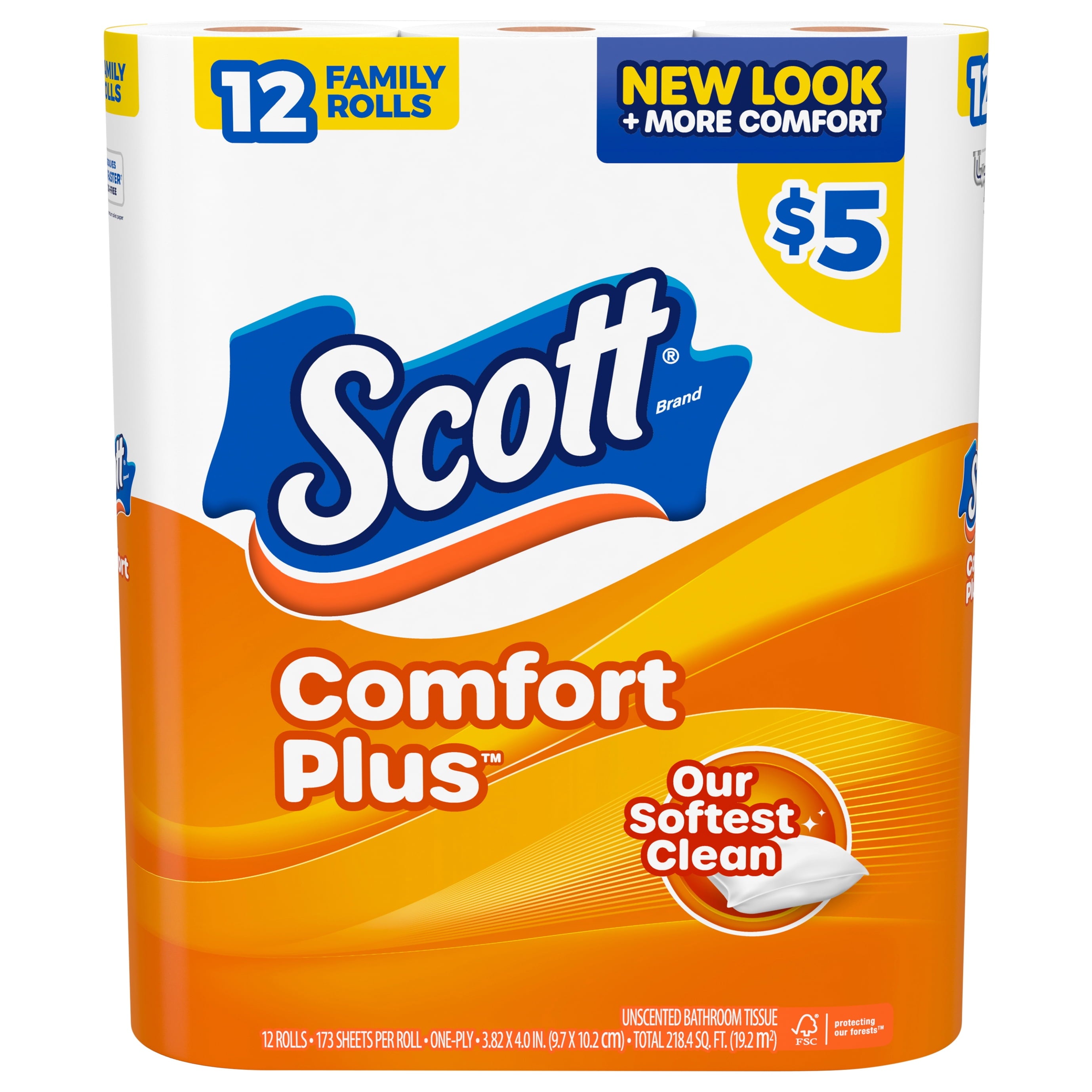 Scott® ComfortPlus 1-Ply Toilet Paper, 1-1/8" x 1-1/8", 173 Sheets Per Roll, Pack Of 12 Rolls