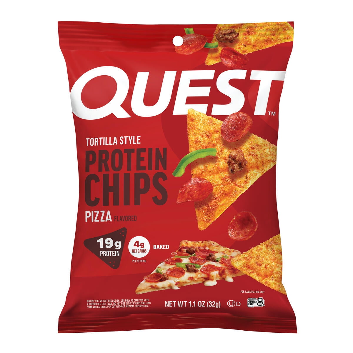 Quest Tortilla Style Protein Chips, 19g Protein, Baked, Pizza Flavor, 1.1oz Bags, 4 Count