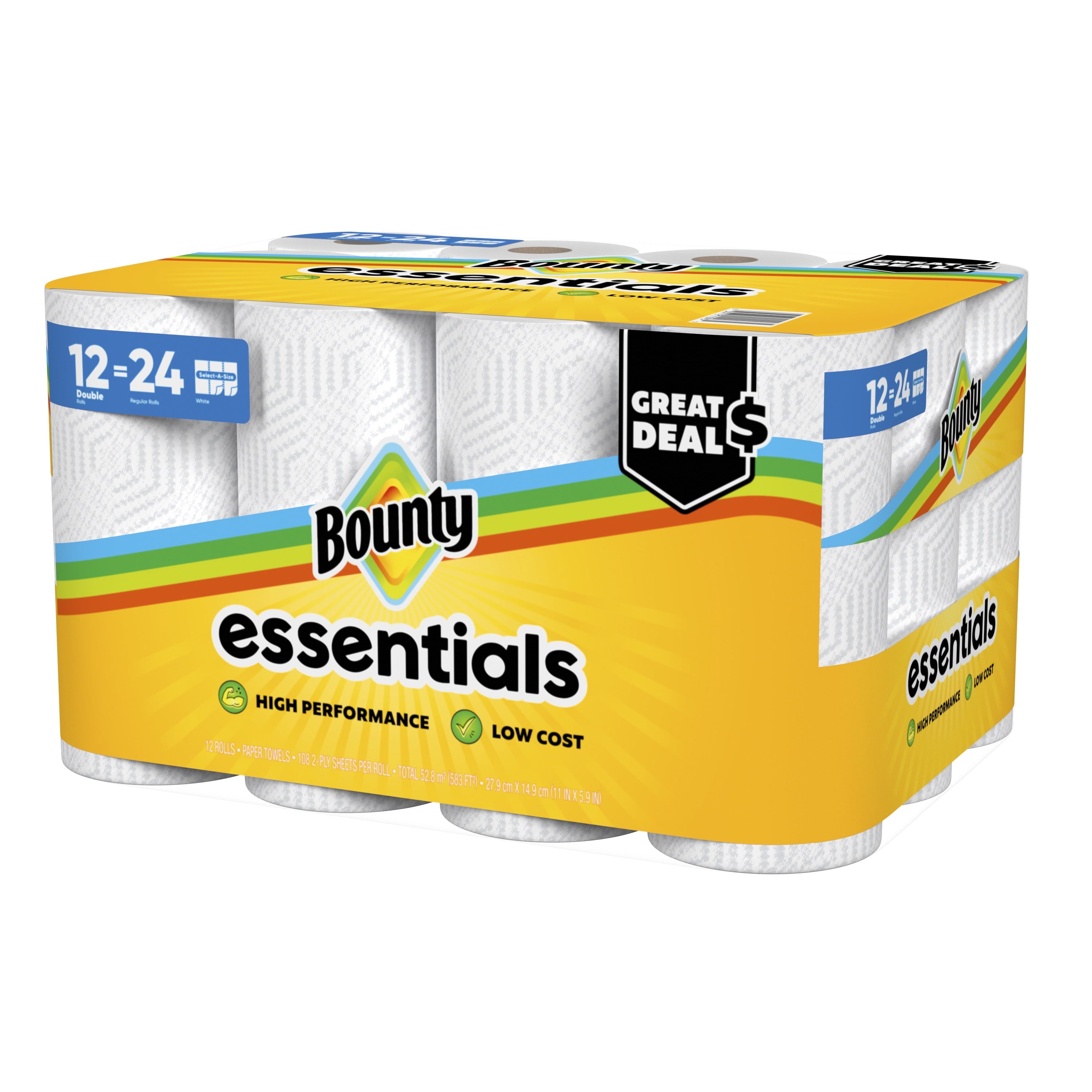 Bounty Essentials Paper Towels Select-A-Size 6 Double Rolls, White, 108 Sheets Per Roll