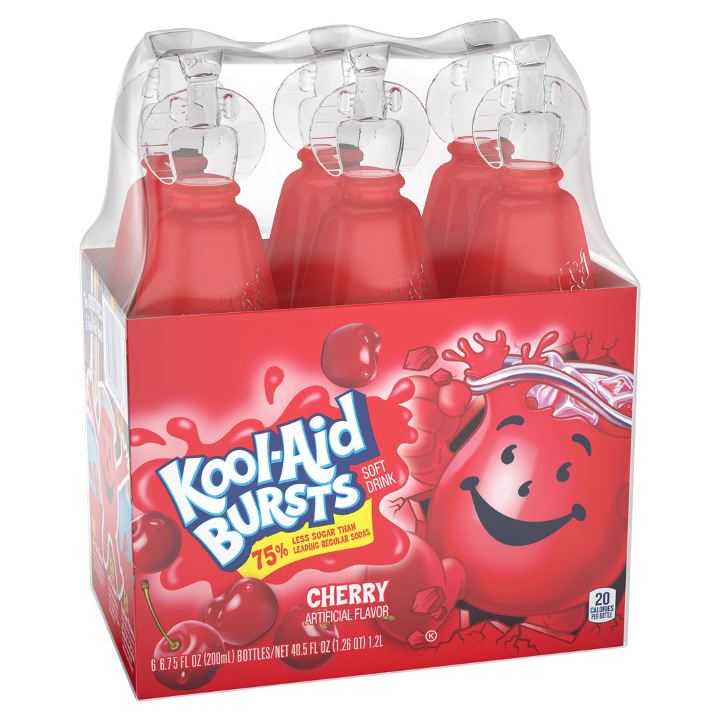 Kool-Aid Bursts Soft Drink, 6 Bottles, for School Lunches and On-the-Go Hydration, artificial flavor Cherry, Caffeine Free, 6.75 oz