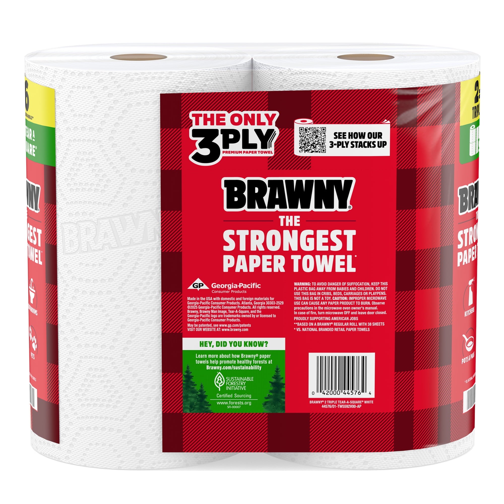 Brawny Tear-A-Square 3-Ply Paper Towels, 2 Triple Rolls, 114 Sheets per Roll
