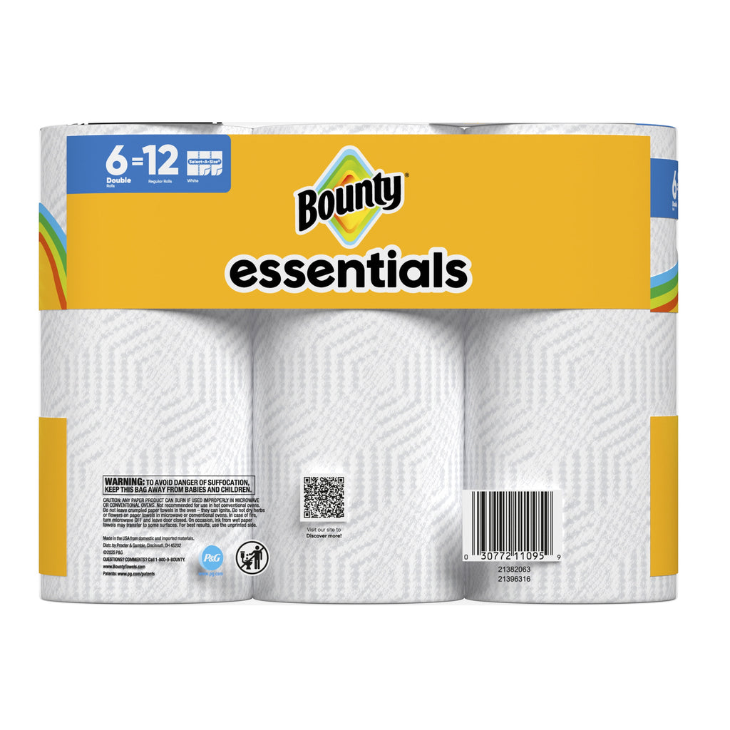 Bounty Essentials Paper Towels Select-A-Size 6 Double Rolls, White, 108 Sheets Per Roll