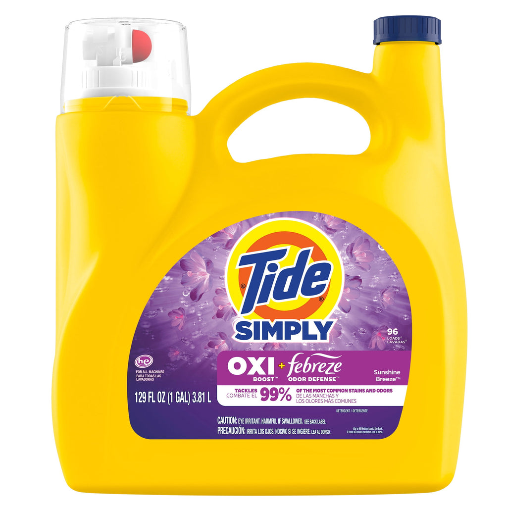 Tide Simply Laundry Detergent Liquid, Oxi Boost + Febreze Odor Defense, Sunny Breeze Scent, 129 fl oz, 96 Loads