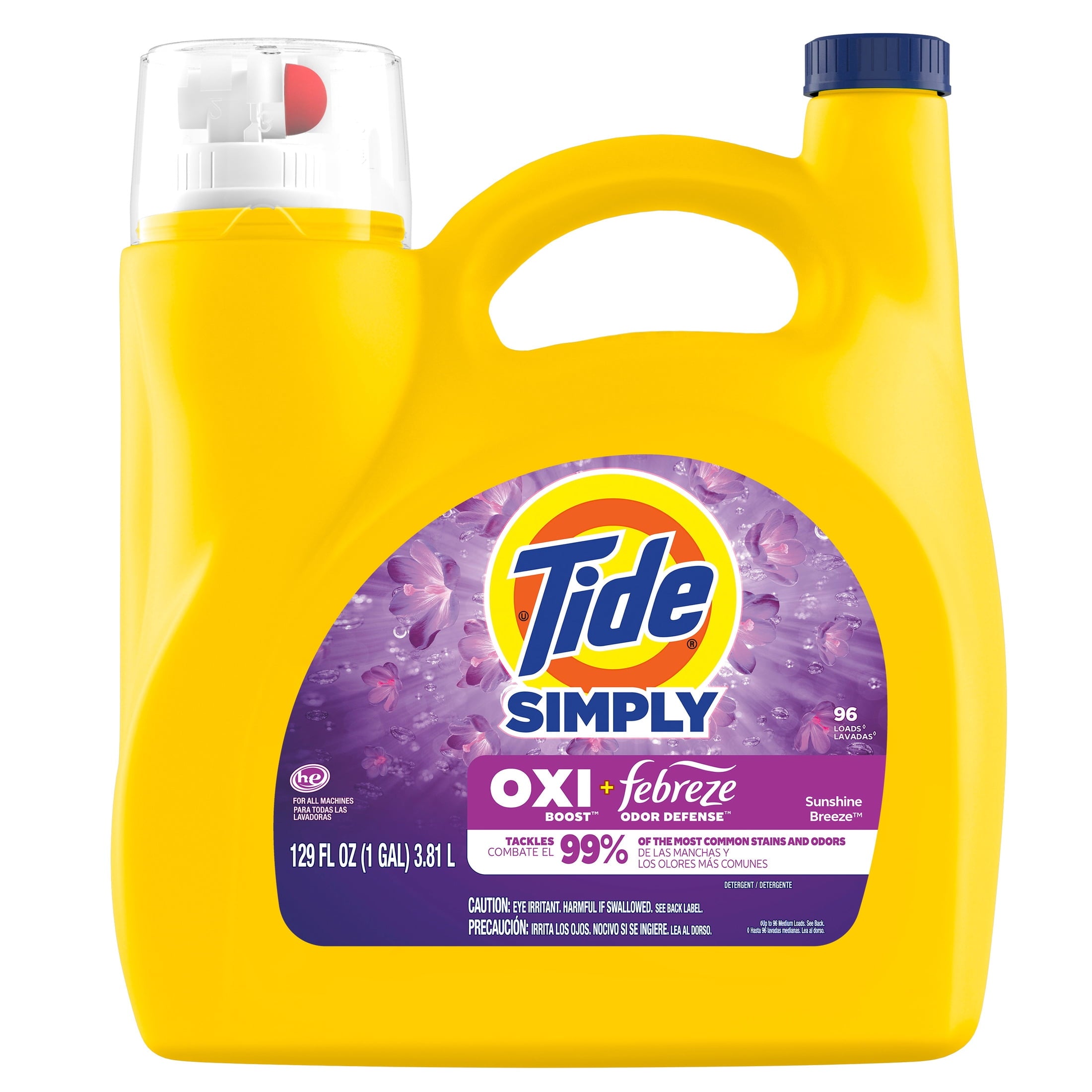 Tide Simply Laundry Detergent Liquid, Oxi Boost + Febreze Odor Defense, Sunny Breeze Scent, 129 fl oz, 96 Loads
