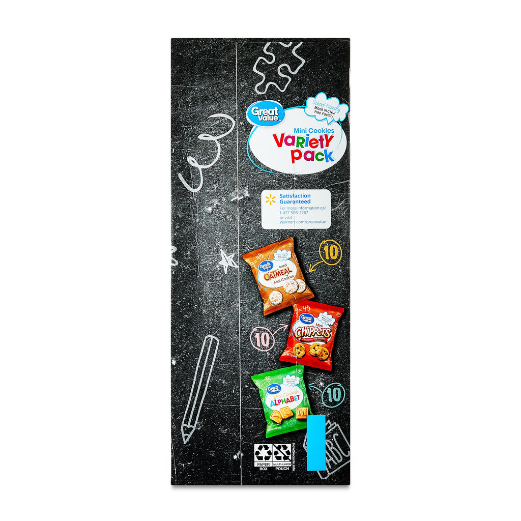 Great Value Mini Alphabet, Chippers & Oatmeal Cookies Variety Pack, 1 oz, 30 Snack Packs