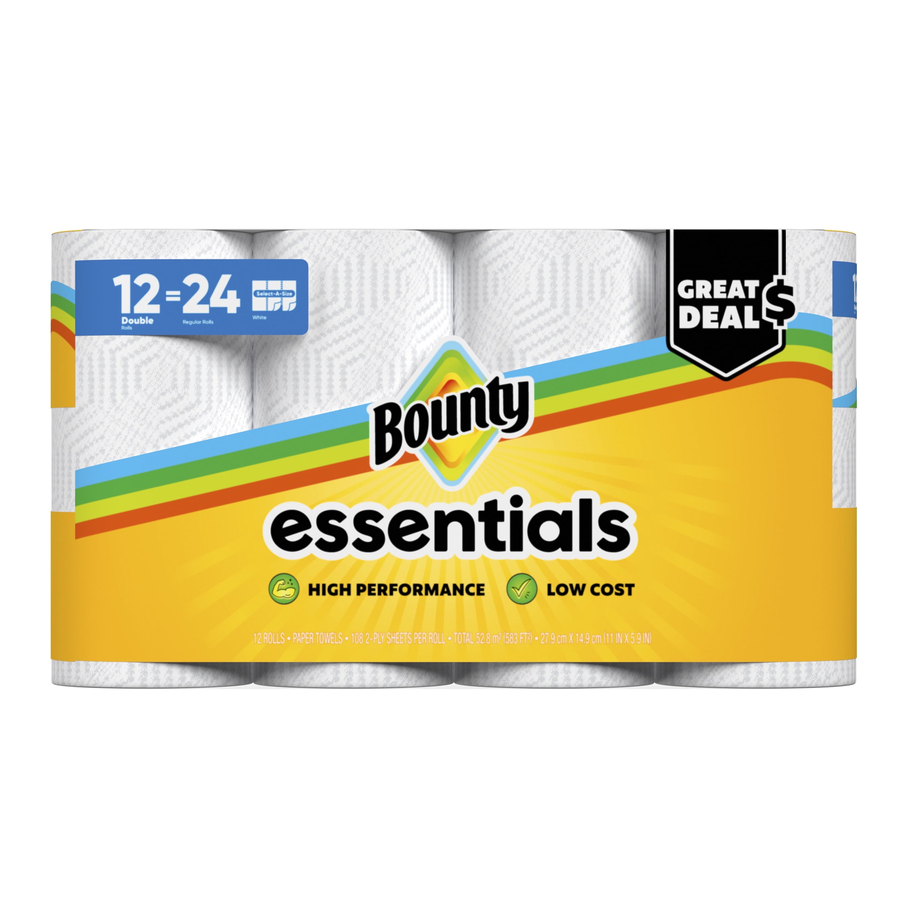 Bounty Essentials Paper Towels Select-A-Size 6 Double Rolls, White, 108 Sheets Per Roll